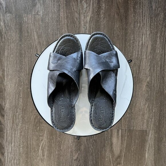 Born Sandal Coney Platform Slide Cross Straps F23703 Black Leather Size 9M​​​ - Picture 1 of 5